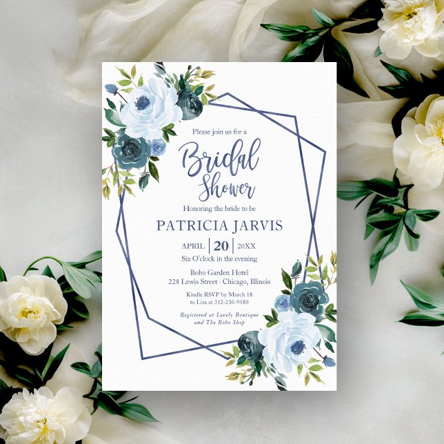Geometric Dusty Blue Floral Bridal Shower Invitation (Creator Uploaded)