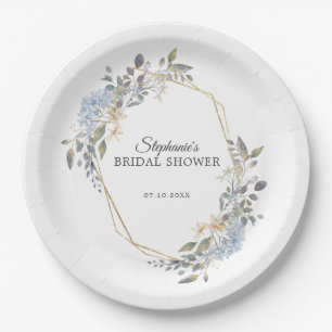 Geometric Dusty Blue Floral Bridal Shower Paper Plate