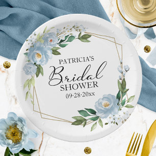 Geometric Dusty Blue Floral Bridal Shower Paper Plate