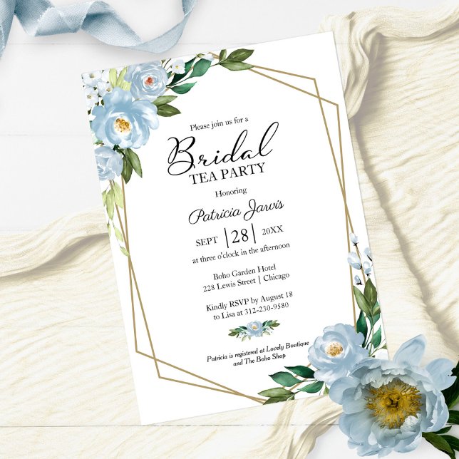 Geometric Dusty Blue Floral Bridal Tea Party  Invitation (Creator Uploaded)
