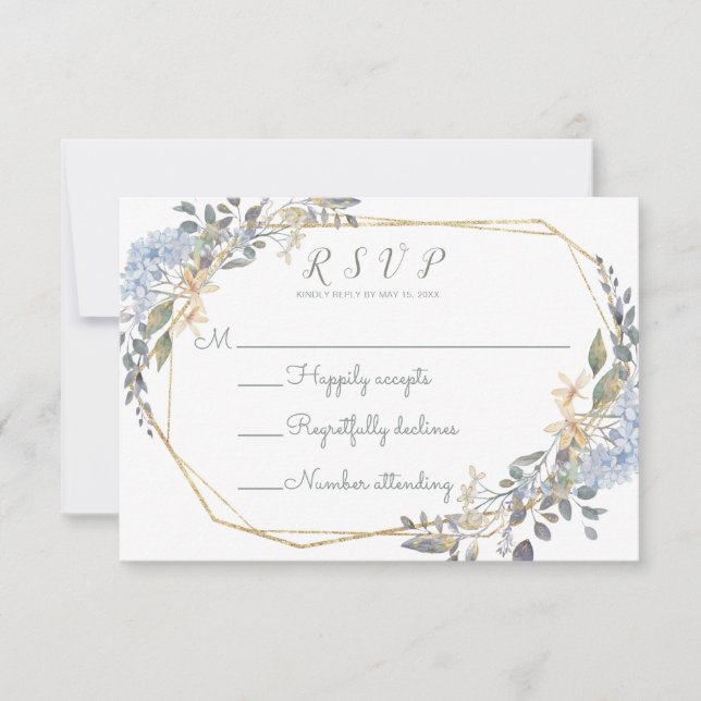 Geometric Dusty Blue Floral Wedding RSVP Card (Front)