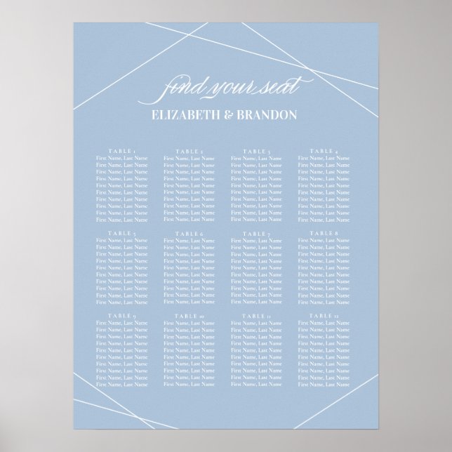 Geometric Dusty Blue Peony Wedding Seating Chart (Front)