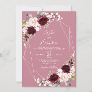 Geometric Dusty Rose Burgundy Blush Floral Wedding Invitation