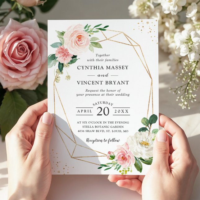 Geometric Elegance Blush Pink Floral Wedding Invitation (Creator Uploaded)