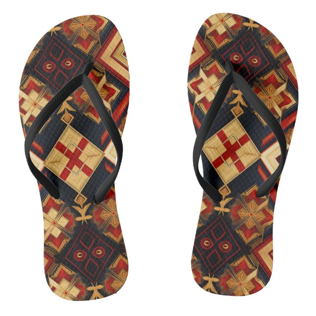 Geometric Elegance Seamless Pattern Red Gold Black Thongs (Footbed)