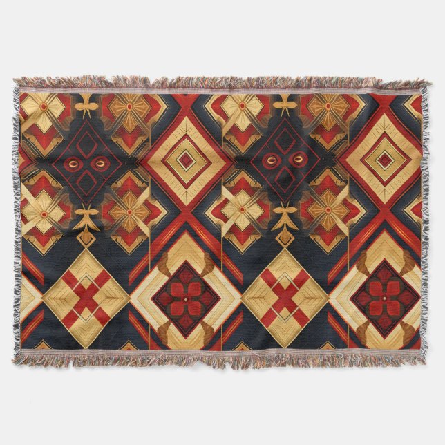 Geometric Elegance Seamless Pattern Red Gold Black Throw Blanket (Front)