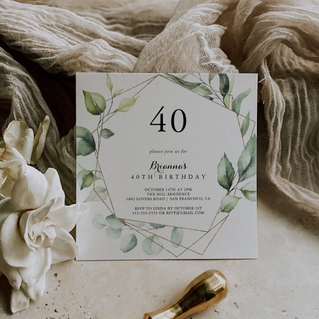 Geometric Elegant Gold Green 40th Birthday Party Invitation (Creator Uploaded)