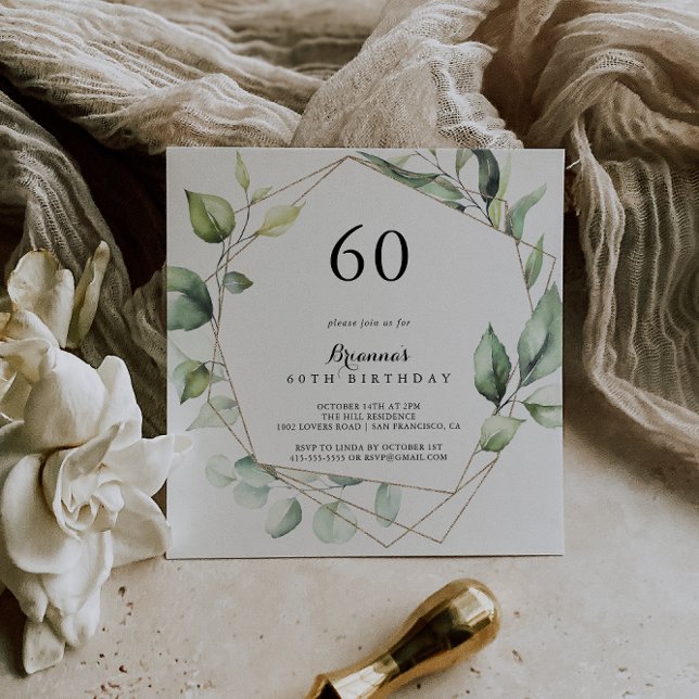 Geometric Elegant Gold Green 60th Birthday Party Invitation (Creator Uploaded)