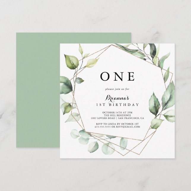Geometric Elegant Gold Green First Birthday Party Invitation (Front/Back)