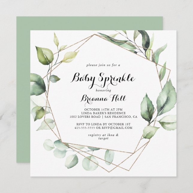 Geometric Elegant Gold Greenery Baby Sprinkle Invitation (Front/Back)