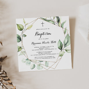 Geometric Elegant Gold Greenery Baptism Invitation
