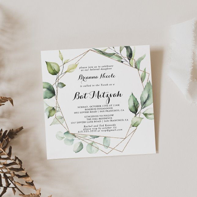 Geometric Elegant Gold Greenery Bat Mitzvah Invitation (Creator Uploaded)