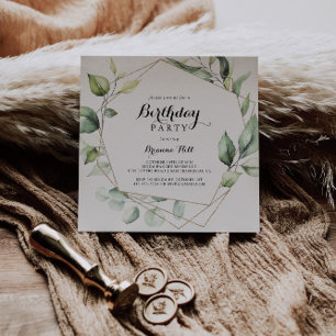 Geometric Elegant Gold Greenery Birthday Party Invitation