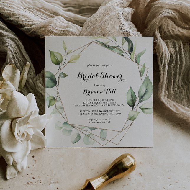 Geometric Elegant Gold Greenery Bridal Shower Invitation (Creator Uploaded)