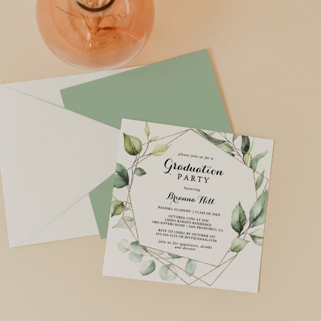 Geometric Elegant Gold Greenery Graduation Party Invitation (Creator Uploaded)