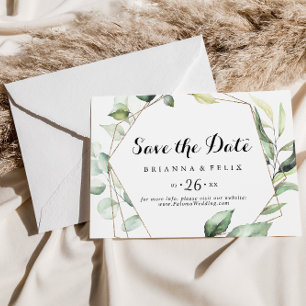 Geometric Elegant Gold Greenery Horizontal Wedding Save The Date