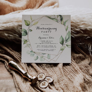Geometric Elegant Gold Greenery Housewarming Party Invitation