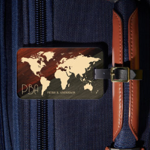 Geometric Elegant World Traveller Map Wood Monogra Luggage Tag