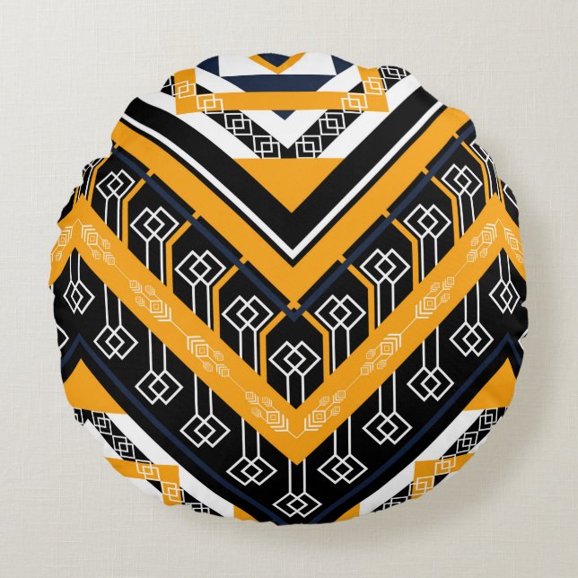 Geometric ethnic oriental pattern traditional desi round cushion (Front)
