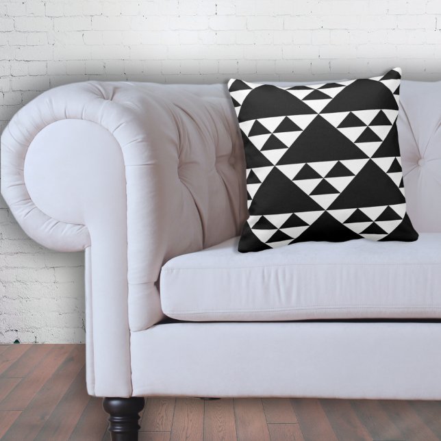Geometric Ethnic Triangle Pattern White & Black Cushion (Geometric Ethnic Triangle Pattern White & Black Throw Pillow, Eclectic Loft Living)