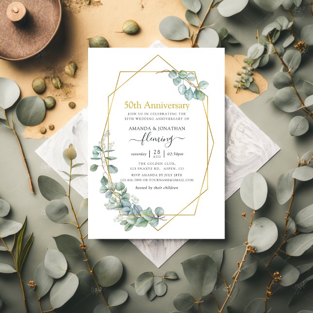 Geometric Eucalyptus 50th Wedding Anniversary Invitation (Creator Uploaded)