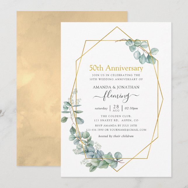 Geometric Eucalyptus 50th Wedding Anniversary Invitation (Front/Back)