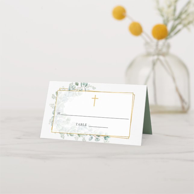 Geometric Eucalyptus Baptism or Christening Place Card (Front)
