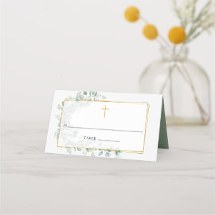 Geometric Eucalyptus Baptism or Christening Place Card