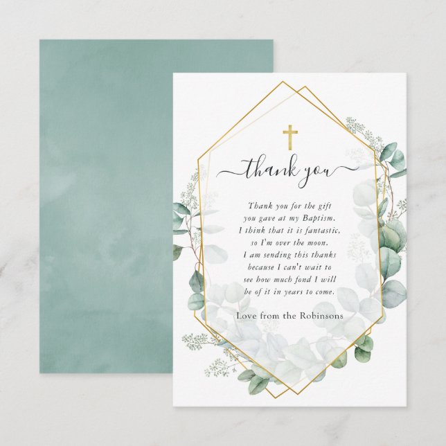 Geometric Eucalyptus Baptism Thank You Card (Front/Back)