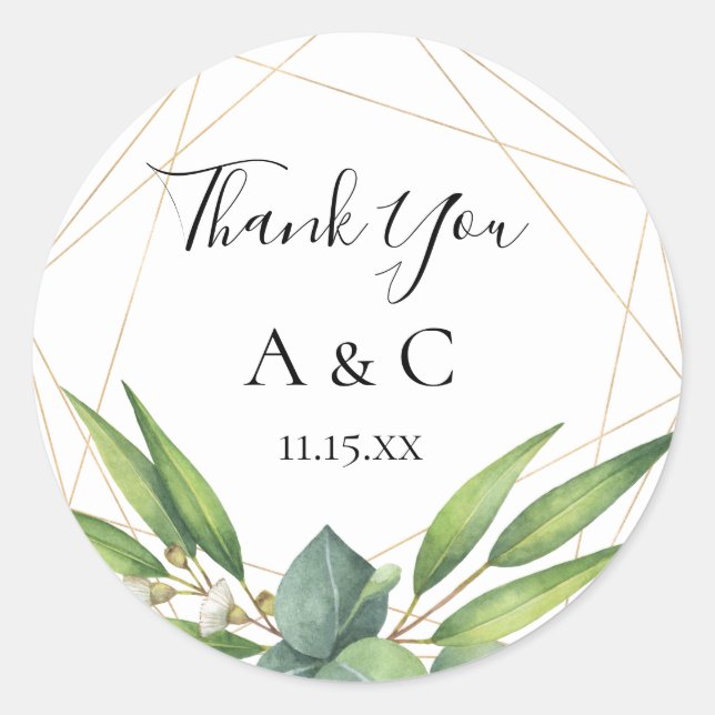 Geometric Eucalyptus Bouquet Personalised Favour Classic Round Sticker (Front)