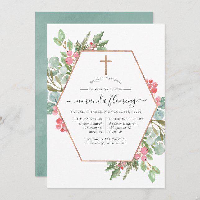 Geometric Eucalyptus Christmas Baptism/Christening Invitation (Front/Back)