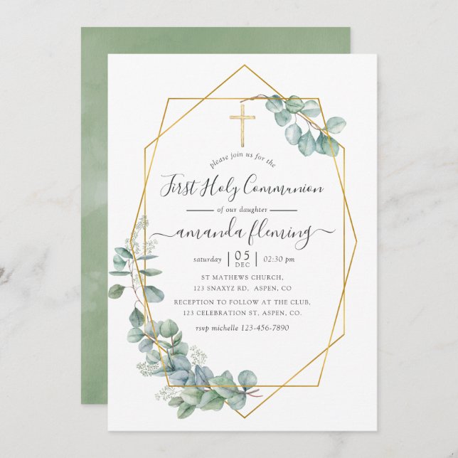 Geometric Eucalyptus First Holy Communion Invitation (Front/Back)