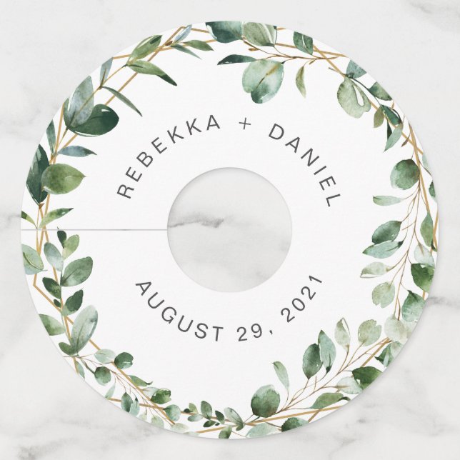 Geometric Eucalyptus Greenery Personalised Wedding Wine Glass Tag (Front)