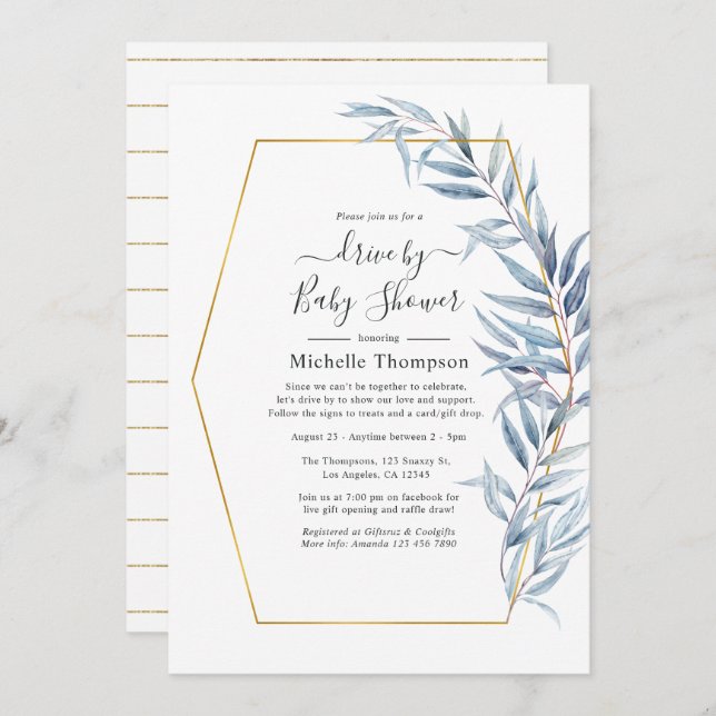 Geometric Eucalyptus Leaves Drive By Shower Invitation (Front/Back)