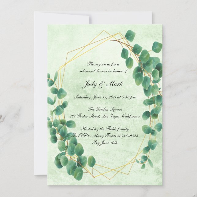 Geometric Eucalyptus Leaves Rehearsal Dinner Invitation (Front)
