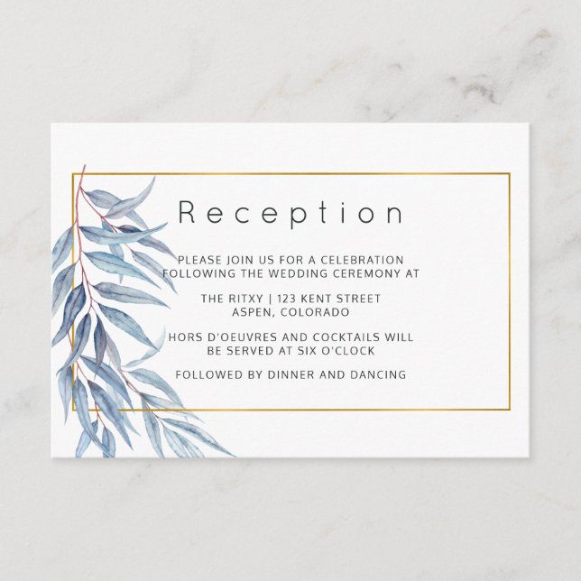 Geometric Eucalyptus Leaves Wedding Reception Enclosure Card (Front)