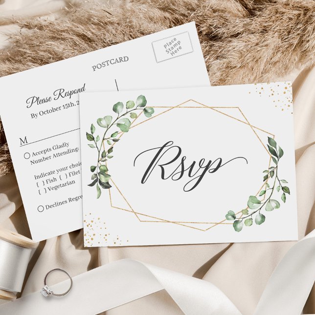 Geometric Eucalyptus Leaves Wedding RSVP Response Postcard (This postcard is perfect for inviting guests to RSVP and select their meal choices in advance.)