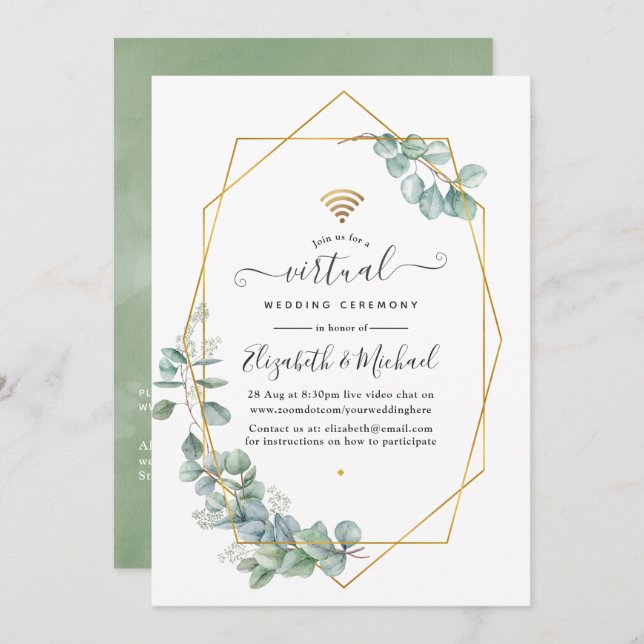Geometric Eucalyptus Online Virtual Wedding Invitation (Front/Back)