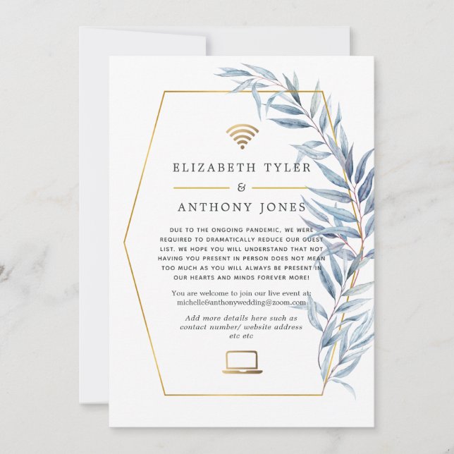 Geometric Eucalyptus Virtual Wedding Guest List Announcement (Front)