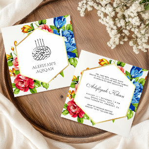 Geometric Faux Gold Vibrant Floral Islamic Aqiqah Invitation