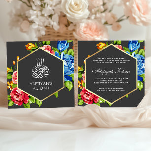 Geometric Faux Gold Vibrant Floral Islamic Aqiqah Invitation