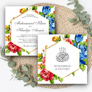 Geometric Faux Gold Vibrant Floral Islamic Wedding Invitation