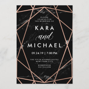 Geometric Faux Rose Gold on Black Marble Wedding Invitation