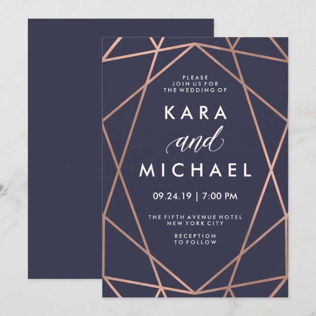 Geometric Faux Rose Gold on Midnight Blue Wedding Invitation (Front/Back)