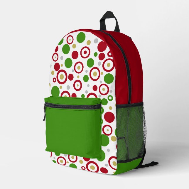 Geometric Festive Red Green Polka Dots Printed Backpack (Back Corner Right)