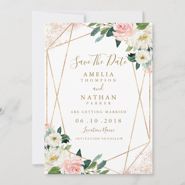 Geometric Floral Blush Gold Wedding Save The Date Invitation (Front)