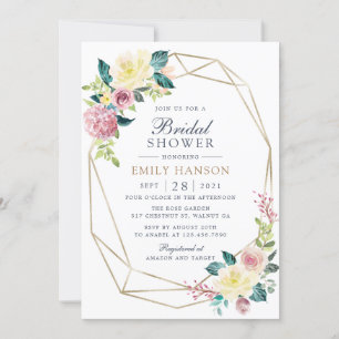 Geometric Floral Blush Greenery Gold Bridal Shower Invitation