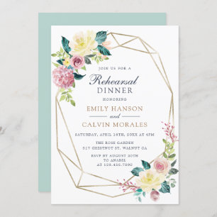 Geometric Floral Blush Greenery Gold Rehearsal Invitation