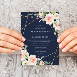 geometric floral blush & navy blue wedding invitation