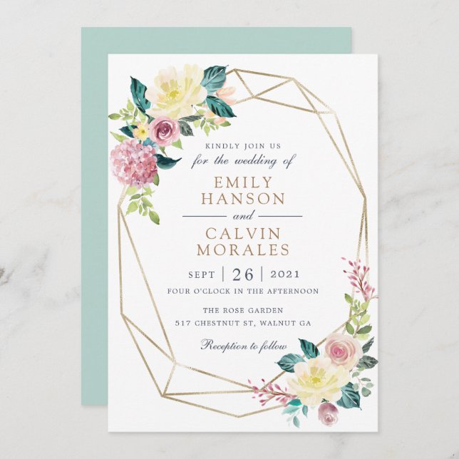 Geometric Floral Blush Yellow Greenery Gold Frame Invitation (Front/Back)